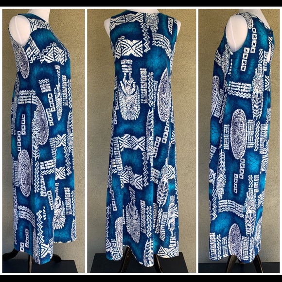 🌺 Vintage Hawaiian Barkcloth Dress & Shirt Set Tikis - Picture 6 of 16